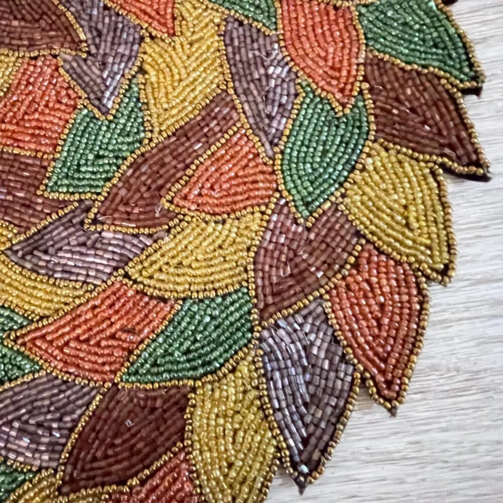 Placemat Fall Multi Colors Beaded Round Leaf Pattern